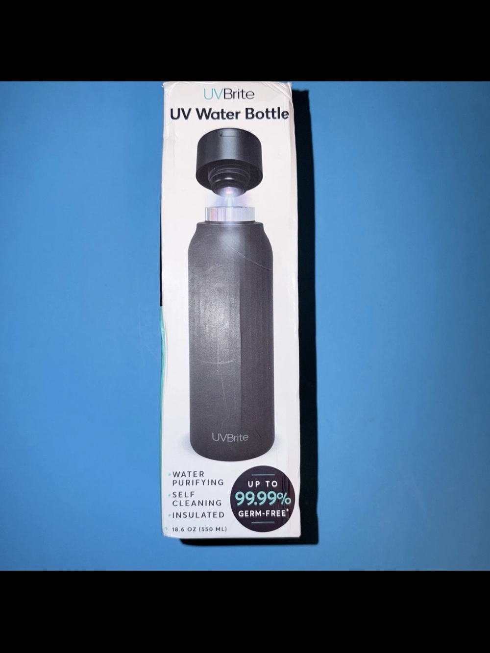 UVBrite 18.6 oz Self-Cleaning Water Bottle with UV-C Sterilization TT-B02 Black